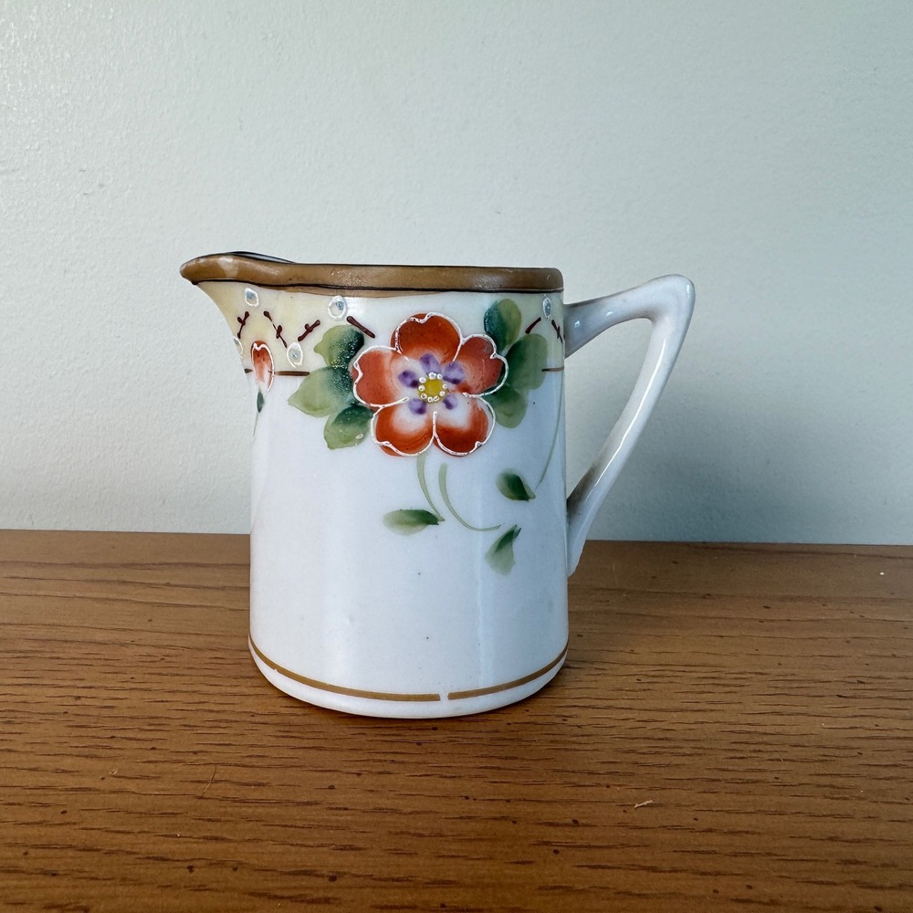 Vintage‎ Hand Painted Floral Ceramic Creamer Pitcher Brown Rim Accent